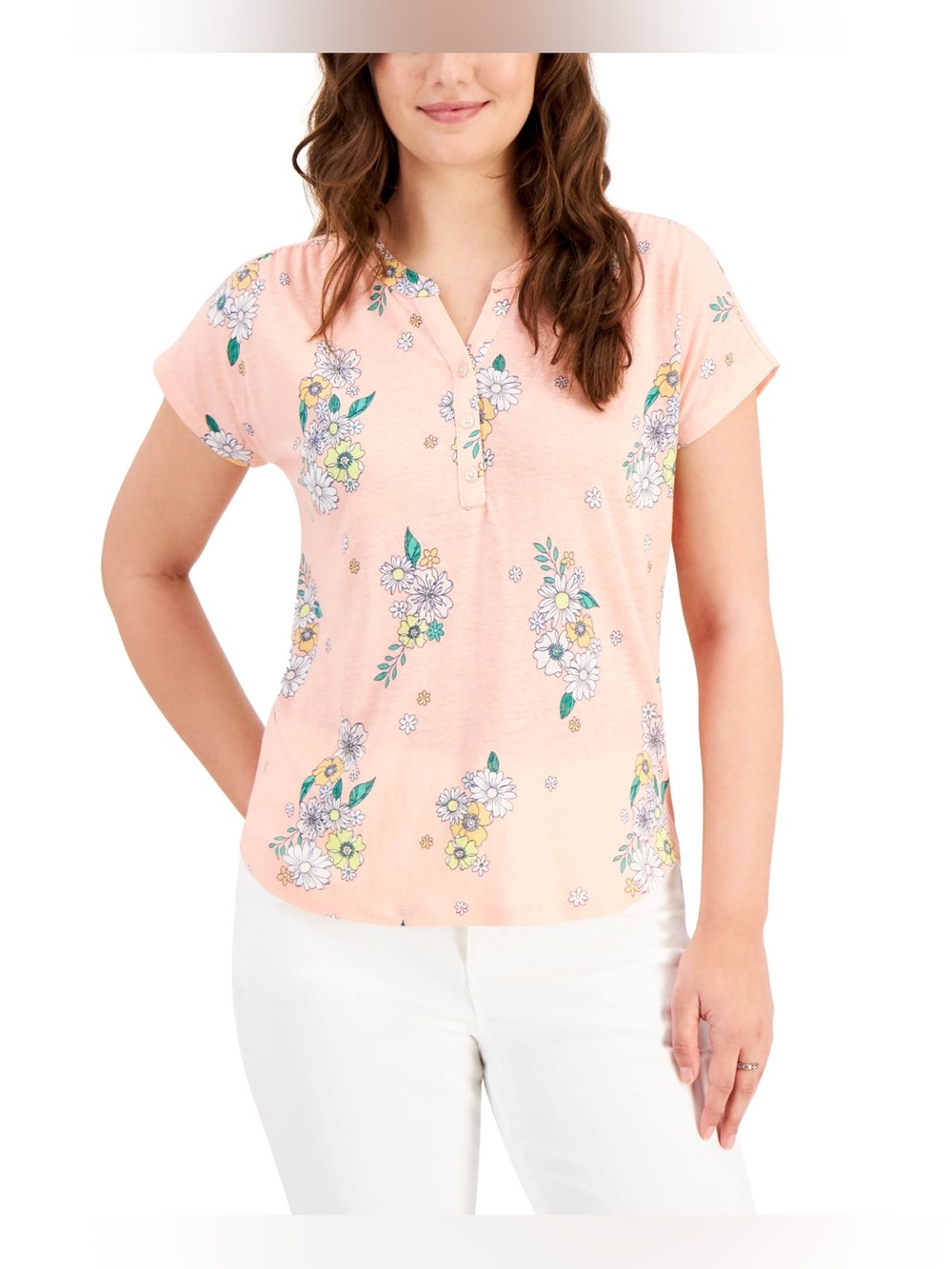 Style & Co. Pink Floral Short Sleeve Henley Tee